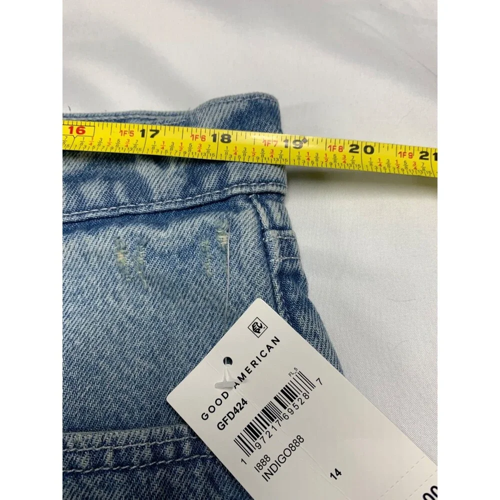 Good American Good Standard Long Denim Shorts 14 NWT Mid Rise Relaxed Cutoff